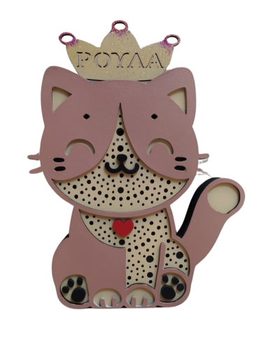 Ξύλινο προσωποποιημένο φωτιστικό "Γατούλα με Κορώνα"