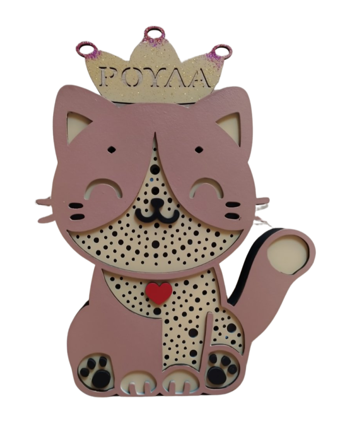 Ξύλινο προσωποποιημένο φωτιστικό "Γατούλα με Κορώνα"