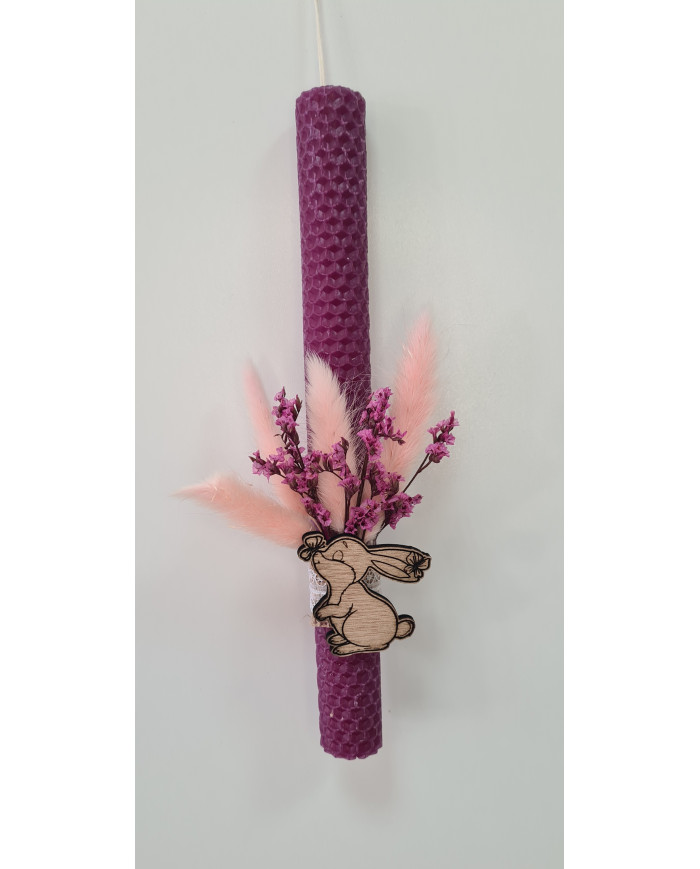 Πασχαλινή λαμπάδα με αποξηραμένα λουλούδια και ξύλινο διακοσμητικό